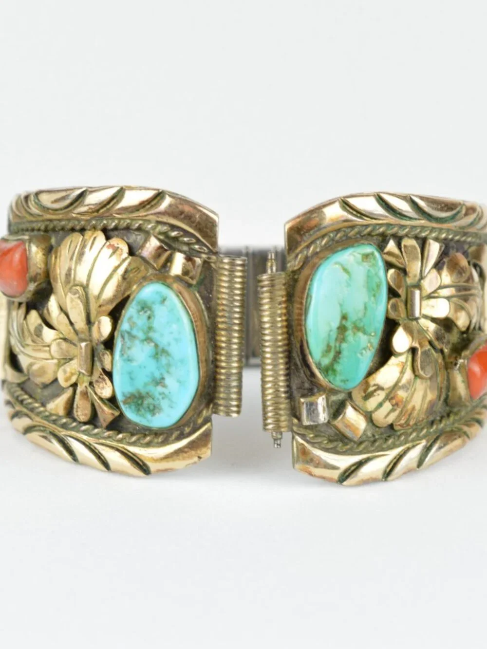 VTG Southwestern Sterling Silver Turquoise Coral Watch Tips Band Native American